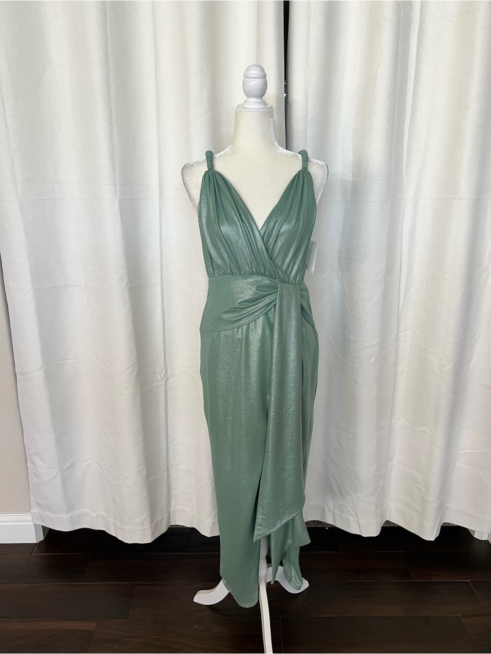 Jewel Badgley Mischka Sage Green One-Shoulder Wrap Gown